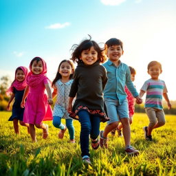 Seven children, 3 girls and 4 boys, of Arab, English, and Asian descent, joyfully walking hand in hand through a picturesque setting