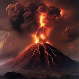 The colossal volcano, no longer dormant, with lava spewing forth amidst an explosive eruption. In the background, a tempestuous sky crackled with intense lightning.