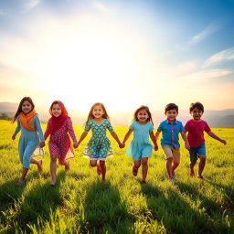 Seven children, 3 girls and 4 boys, of Arab, English, and Asian descent, joyfully walking hand in hand through a picturesque setting