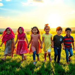 Seven children, 3 girls and 4 boys, of Arab, English, and Asian descent, joyfully walking hand in hand through a picturesque setting