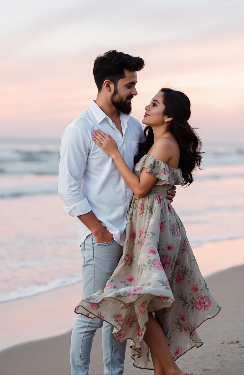 A romantic scene featuring a young man with a stylish beard and an elegant Asian lady
