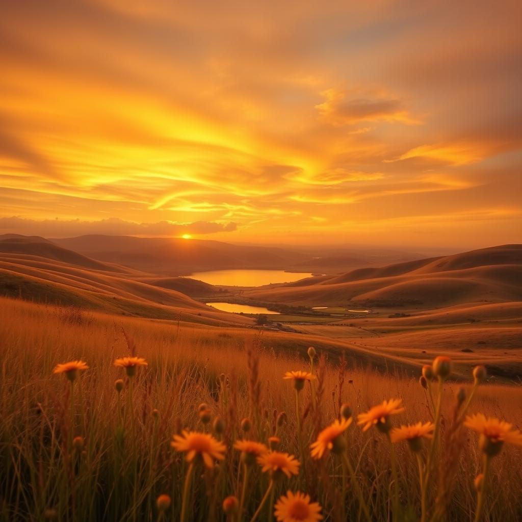 Breathtaking Golden Landscape at Sunset | Idyllic AI Imaging