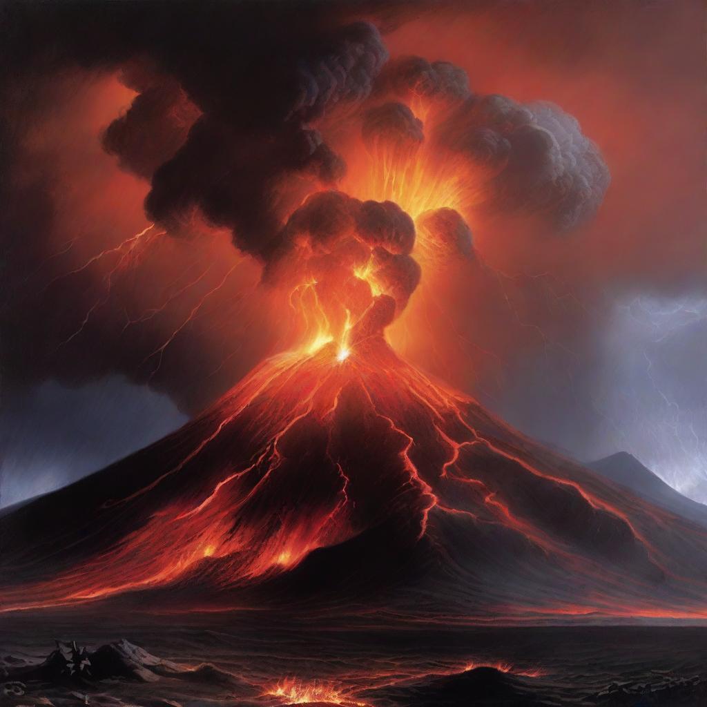 The colossal volcano, no longer dormant, with lava spewing forth amidst an explosive eruption. In the background, a tempestuous sky crackled with intense lightning.