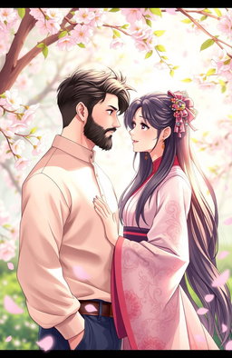 A romantic scene depicting a young man with a well-groomed beard, exuding a charming and gentle demeanor, standing closely beside an elegant Asian lady with long flowing hair, dressed in a beautiful anime-inspired outfit adorned with intricate patterns