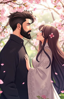 A romantic scene depicting a young man with a well-groomed beard, exuding a charming and gentle demeanor, standing closely beside an elegant Asian lady with long flowing hair, dressed in a beautiful anime-inspired outfit adorned with intricate patterns