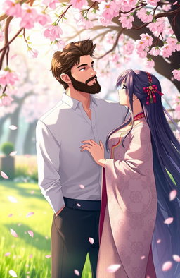 A romantic scene depicting a young man with a well-groomed beard, exuding a charming and gentle demeanor, standing closely beside an elegant Asian lady with long flowing hair, dressed in a beautiful anime-inspired outfit adorned with intricate patterns