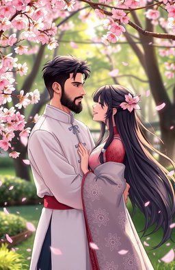 A romantic scene depicting a young man with a well-groomed beard, exuding a charming and gentle demeanor, standing closely beside an elegant Asian lady with long flowing hair, dressed in a beautiful anime-inspired outfit adorned with intricate patterns