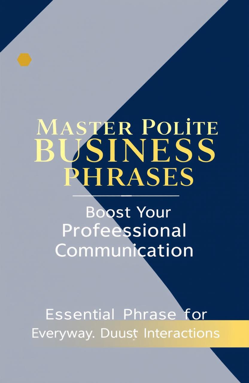 A sleek digital cover design for a business communication book titled 'Master Polite Business Phrases | Boost Your Professional Communication'