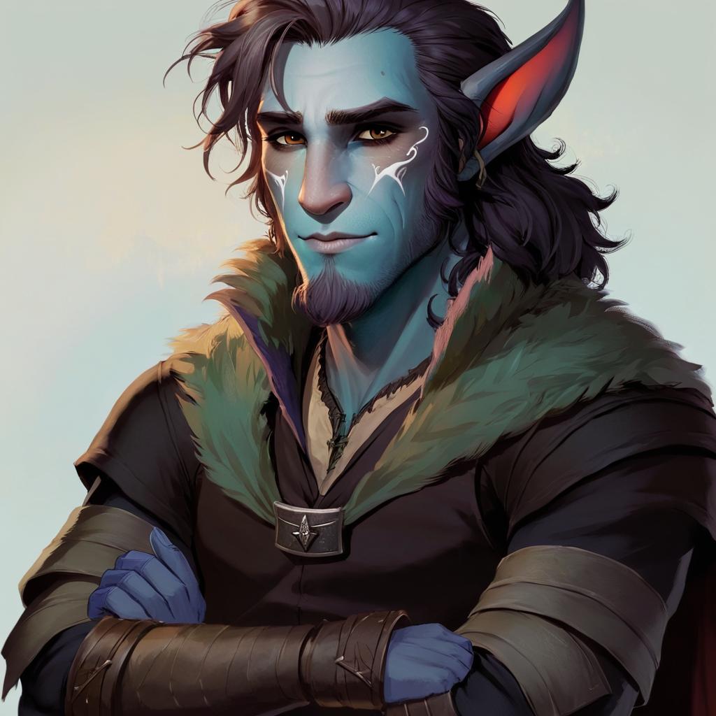 Raza Dungeons and dragons: Firbolg muy apuesto  - Edad: 20 años (joven para su raza, en plena adolescencia) - Altura y Peso: 1.75 m, 77 kg (inusualmente pequeño para un Firbolg) Clase: Ranger (Explorador). Lleva el cabello largo, color lavanda, casi gris. Cuerpo con mucha fibra. Lleva armadura de tela, consistiendo esta en una tunica clara, casi traslucida, y unas calzas que apenas cubren su muslo derecho, donde lleva el tatuaje de su clan, que brilla para mostrar el camino. Tiene ojos profundos, de un color violeta oscuro. Lleva un arco largo de madera, pero que tiene plata en la empuñadura. Va descalzo porque siente la tierra.