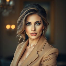 A gorgeous 40-year-old woman, elegantly attired in a stylish outfit, directly facing the camera with a provocative gaze