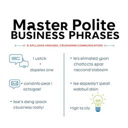 A visually engaging and informative graphic titled 'Master Polite Business Phrases | Boost Your Professional Communication'
