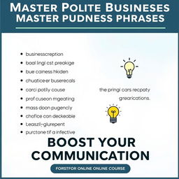 A visually engaging and informative graphic titled 'Master Polite Business Phrases | Boost Your Professional Communication'