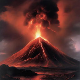 The colossal volcano, no longer dormant, with lava spewing forth amidst an explosive eruption. In the background, a tempestuous sky crackled with intense lightning.