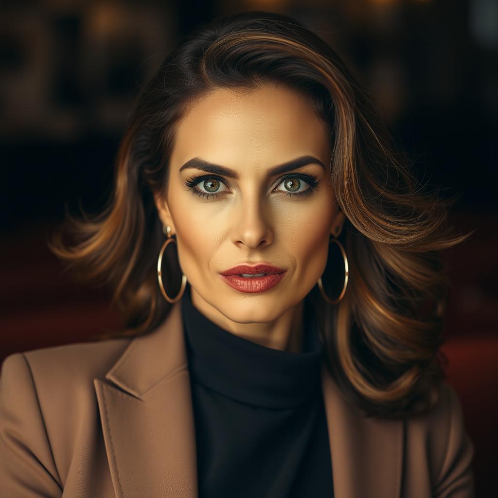 A gorgeous 40-year-old woman, elegantly dressed in a chic outfit, staring directly at the camera with a bold and provocative expression