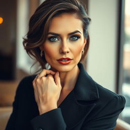A gorgeous 40-year-old woman, elegantly dressed in a chic outfit, staring directly at the camera with a bold and provocative expression