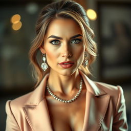A gorgeous 40-year-old woman, elegantly dressed in a chic outfit, staring directly at the camera with a bold and provocative expression