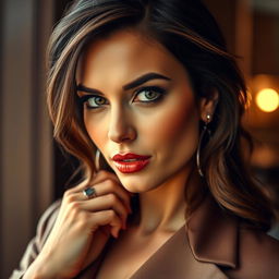 A gorgeous 40-year-old woman, elegantly dressed in a chic outfit, staring directly at the camera with a bold and provocative expression