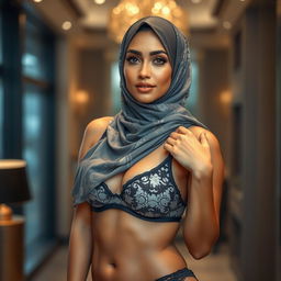 A beautiful woman wearing a hijab, stylishly adorned with elegant patterns and textures, confidently posing while only wearing a bra and panties