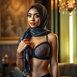 A beautiful woman wearing a hijab, stylishly adorned with elegant patterns and textures, confidently posing while only wearing a bra and panties