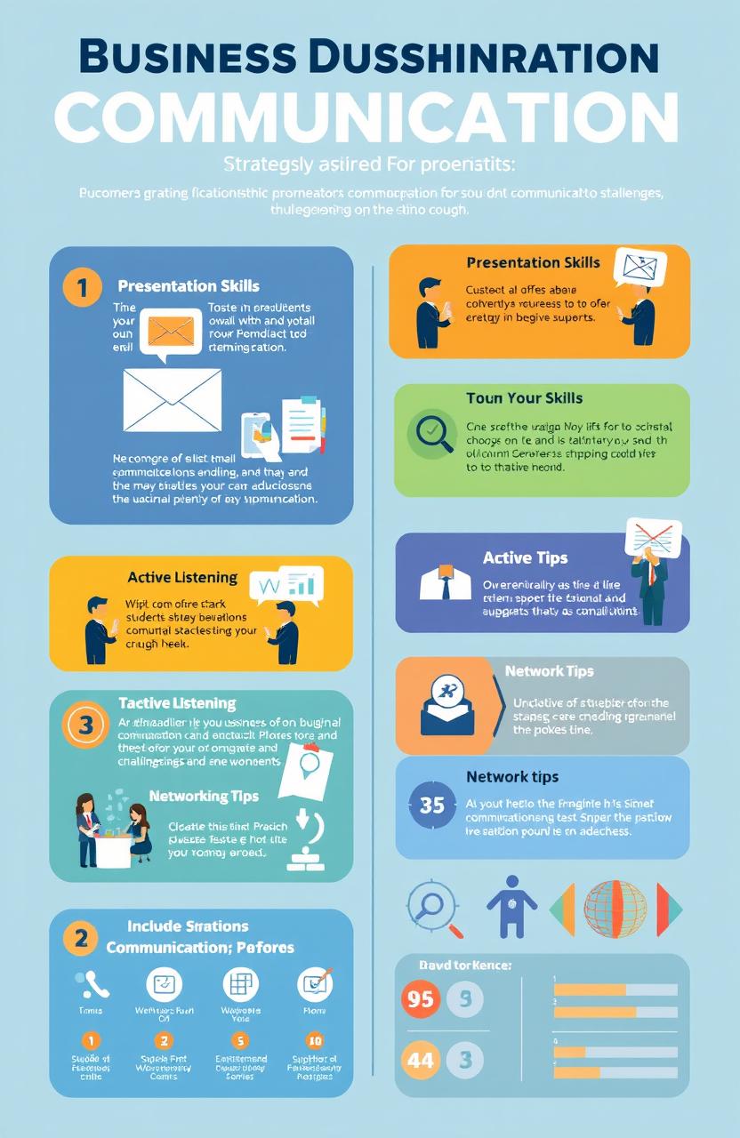 A visually appealing infographic illustrating various business communication strategies specifically designed for students
