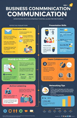 A visually appealing infographic illustrating various business communication strategies specifically designed for students