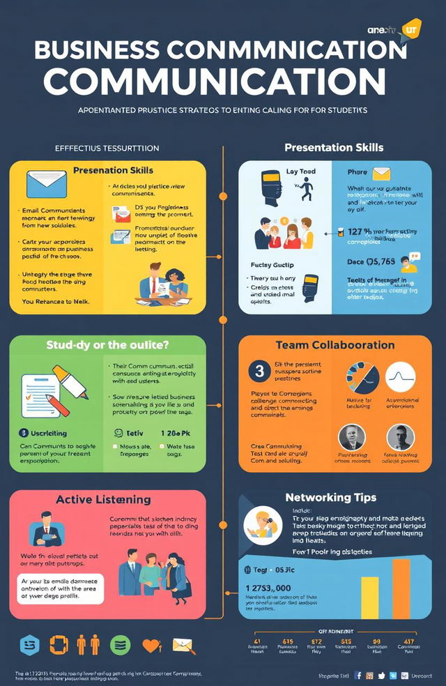 A visually appealing infographic illustrating various business communication strategies specifically designed for students