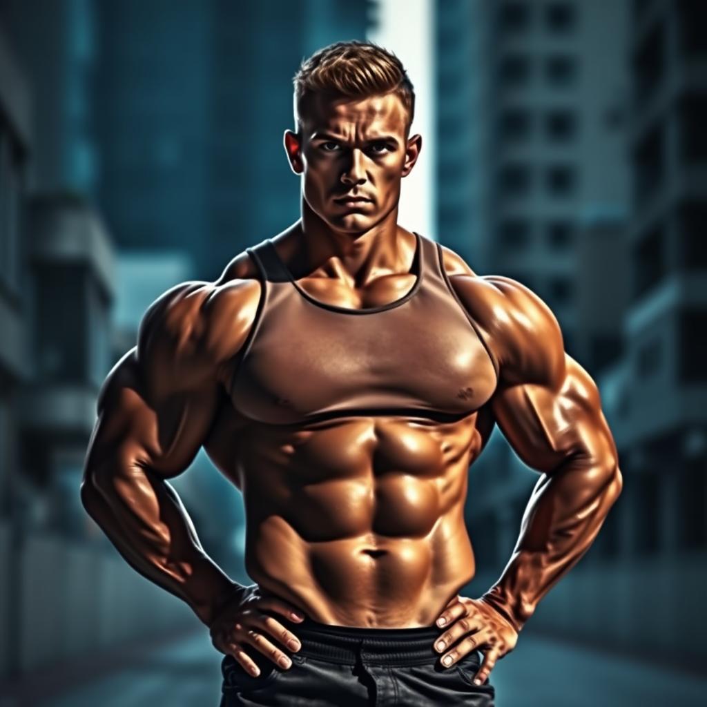 A muscular man standing confidently, showcasing an impressive physique with well-defined muscles