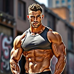 A muscular man standing confidently, showcasing an impressive physique with well-defined muscles
