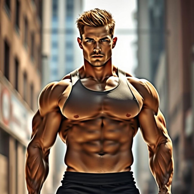 A muscular man standing confidently, showcasing an impressive physique with well-defined muscles