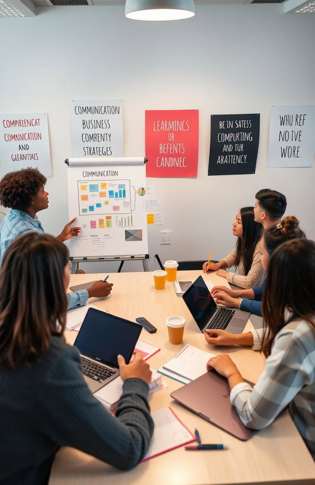 A group of diverse university students engaged in a lively discussion about business communication strategies, featuring a mix of races and genders