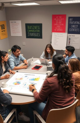 A group of diverse university students engaged in a lively discussion about business communication strategies, featuring a mix of races and genders