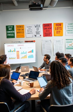 A group of diverse university students engaged in a lively discussion about business communication strategies, featuring a mix of races and genders