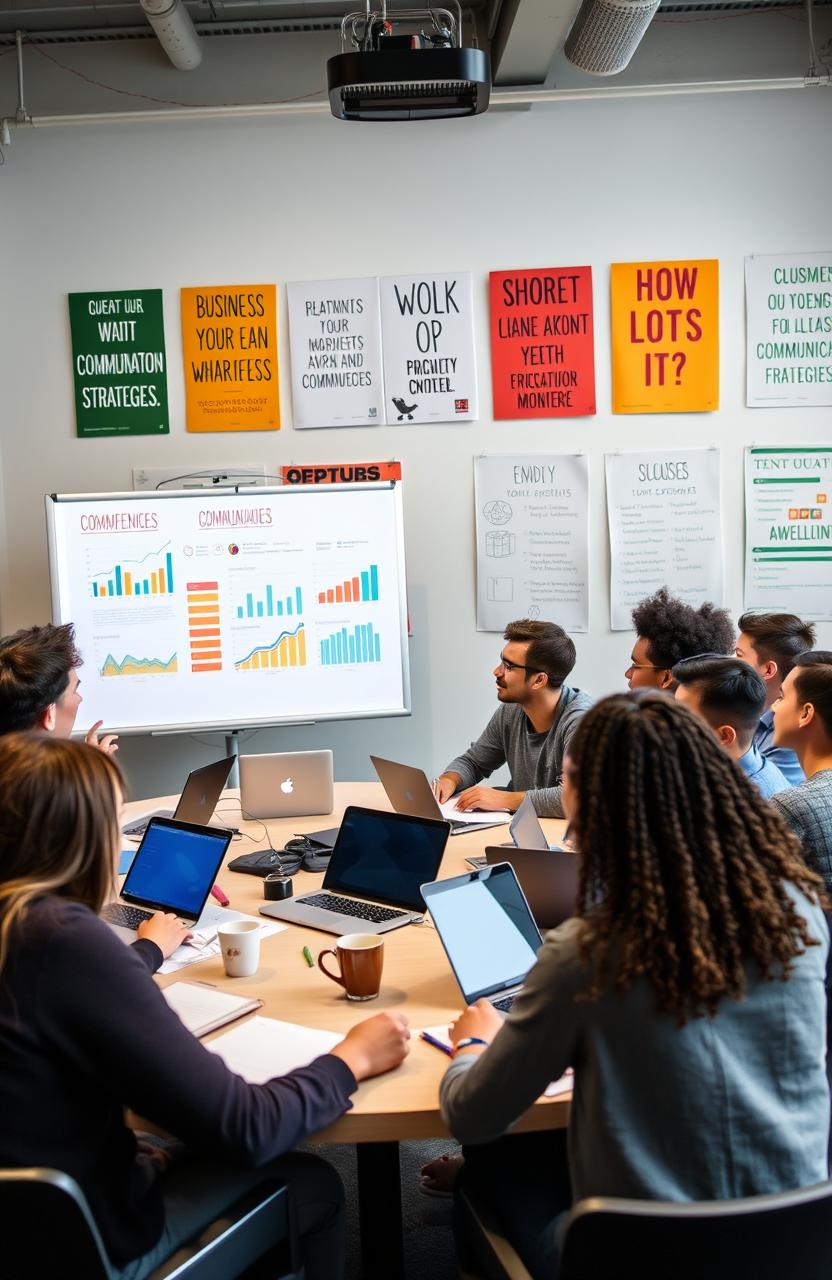 A group of diverse university students engaged in a lively discussion about business communication strategies, featuring a mix of races and genders