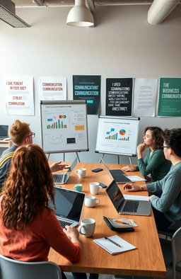 A group of diverse university students engaged in a lively discussion about business communication strategies, featuring a mix of races and genders