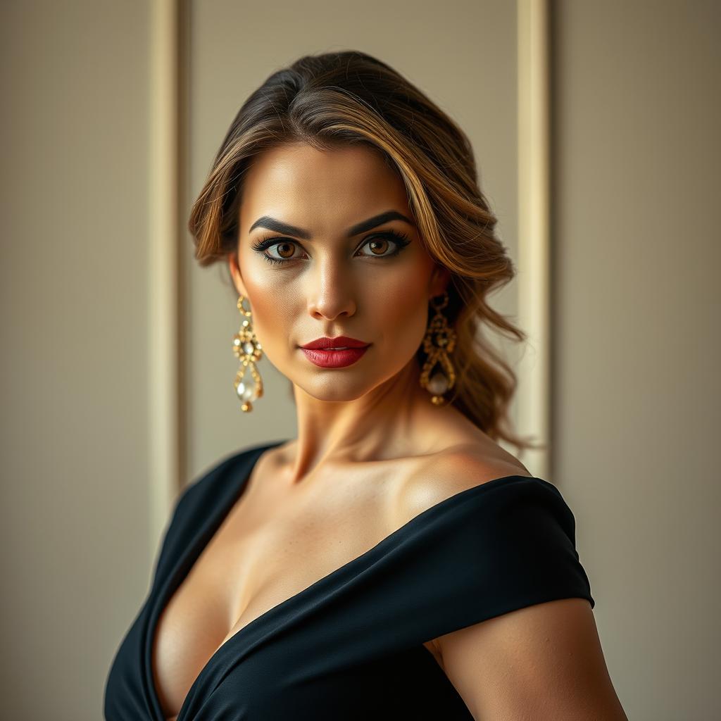 A stunning 40-year-old woman, beautifully dressed in an elegant attire, facing the camera with a bold and provocative expression