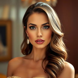 A stunning 40-year-old woman, beautifully dressed in an elegant attire, facing the camera with a bold and provocative expression