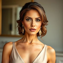 A stunning 40-year-old woman, beautifully dressed in an elegant attire, facing the camera with a bold and provocative expression