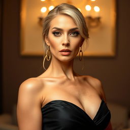 A stunning 40-year-old woman, beautifully dressed in an elegant attire, facing the camera with a bold and provocative expression