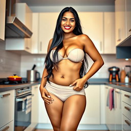 A curvaceous Indian woman standing confidently in a modern kitchen, wearing very short, tight clothing, showcasing her figure