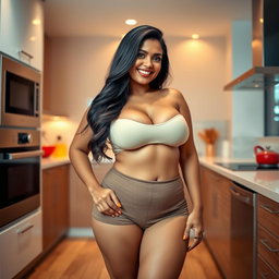 A curvaceous Indian woman standing confidently in a modern kitchen, wearing very short, tight clothing, showcasing her figure