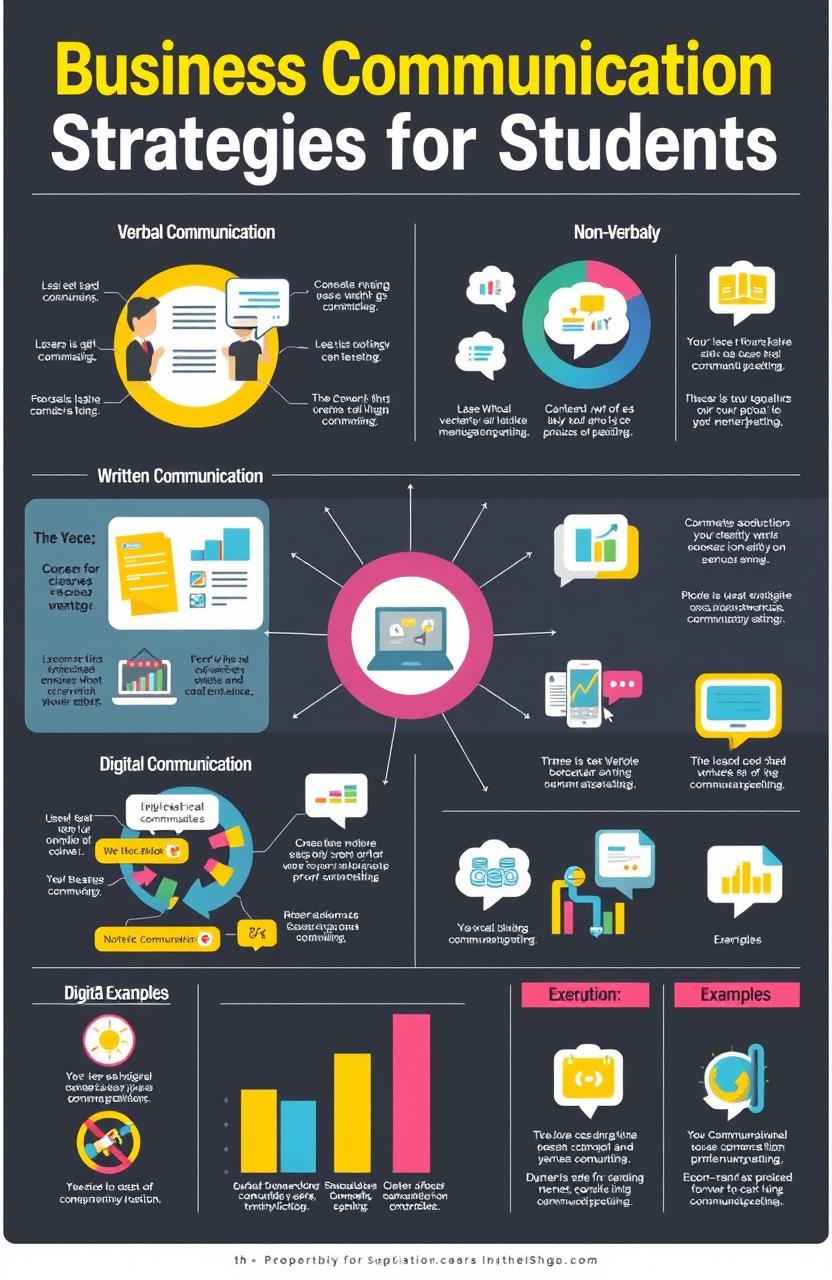 An educational infographic showcasing various business communication strategies for students