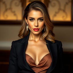 A beautiful 40-year-old woman, dressed stylishly in an elegant outfit, looking directly at the camera with a provocative expression