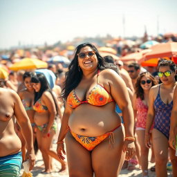 A joyful and confident South Asian woman, characterized as a plus-size figure, wearing a colorful bikini, standing out in a vibrant beach scene