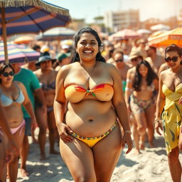 A joyful and confident South Asian woman, characterized as a plus-size figure, wearing a colorful bikini, standing out in a vibrant beach scene