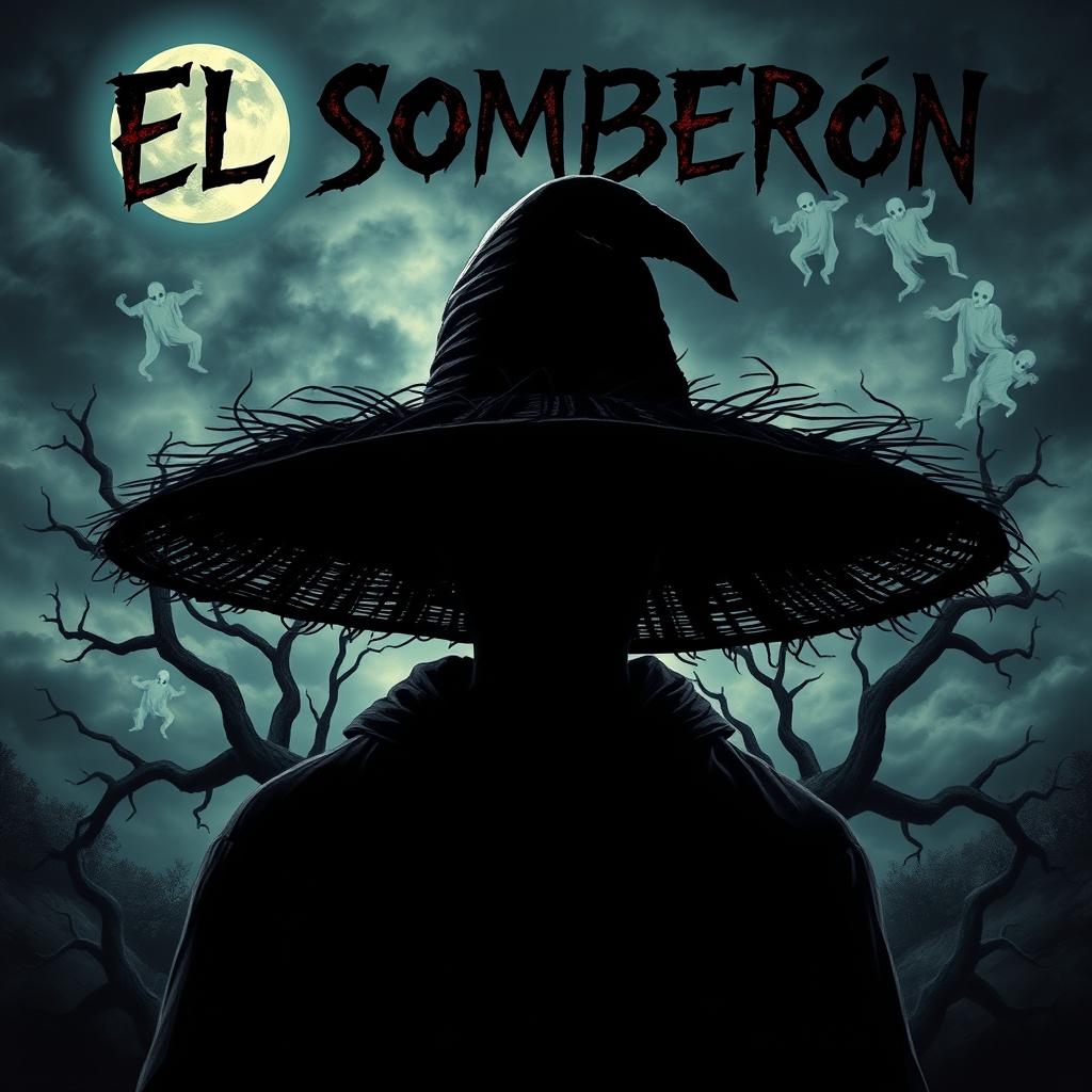 A haunting portrayal of 'El Sombrerón', a legendary figure with an imposing silhouette, highlighted against a stormy night sky