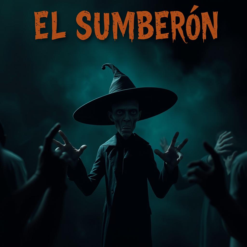 A small, slender man in a large black hat hypnotizes people using his supernatural powers, compelling them to follow him