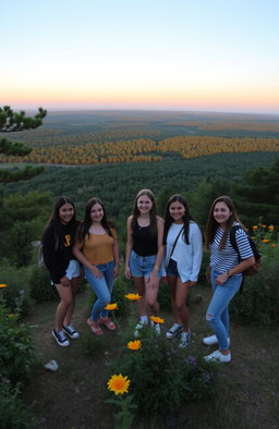 A group of students standing on a hill as evening approaches, surrounded by trees, flowers, and bushes