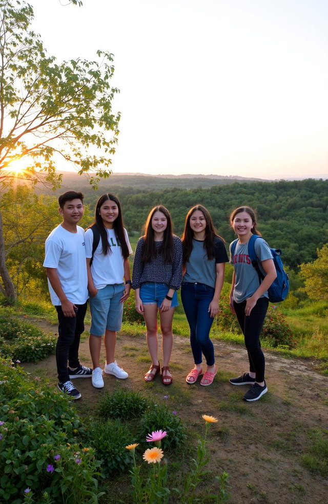 A group of students standing on a hill as evening approaches, surrounded by trees, flowers, and bushes