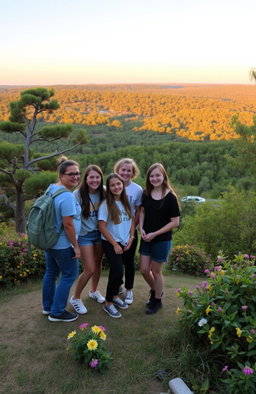 A group of students standing on a hill as evening approaches, surrounded by trees, flowers, and bushes