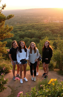 A group of students standing on a hill as evening approaches, surrounded by trees, flowers, and bushes